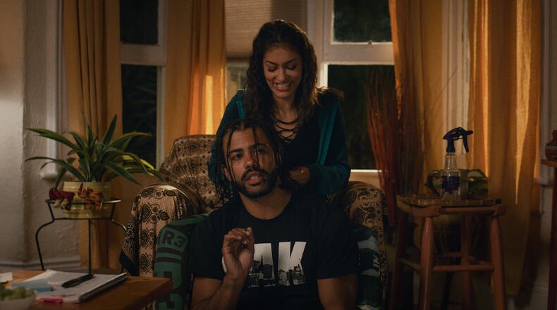 Collin (Daveed Diggs) and Val (Janina Gavankar) in BLINDSPOTTING. Photo Credit: Ariel Nava