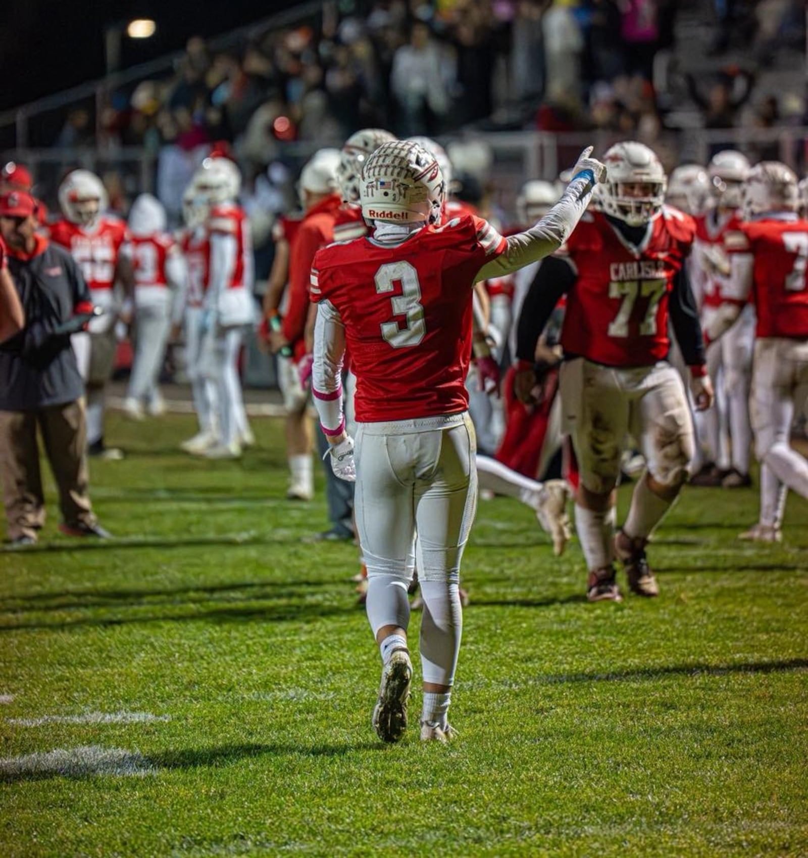 Carlisle defensive back Jake Fox (3) celebrates after knocking down a pass against West Liberty Salem on Friday, Oct. 31, at Laughlin Field. LAYTON HARTSOUGH / CONTRIBUTED