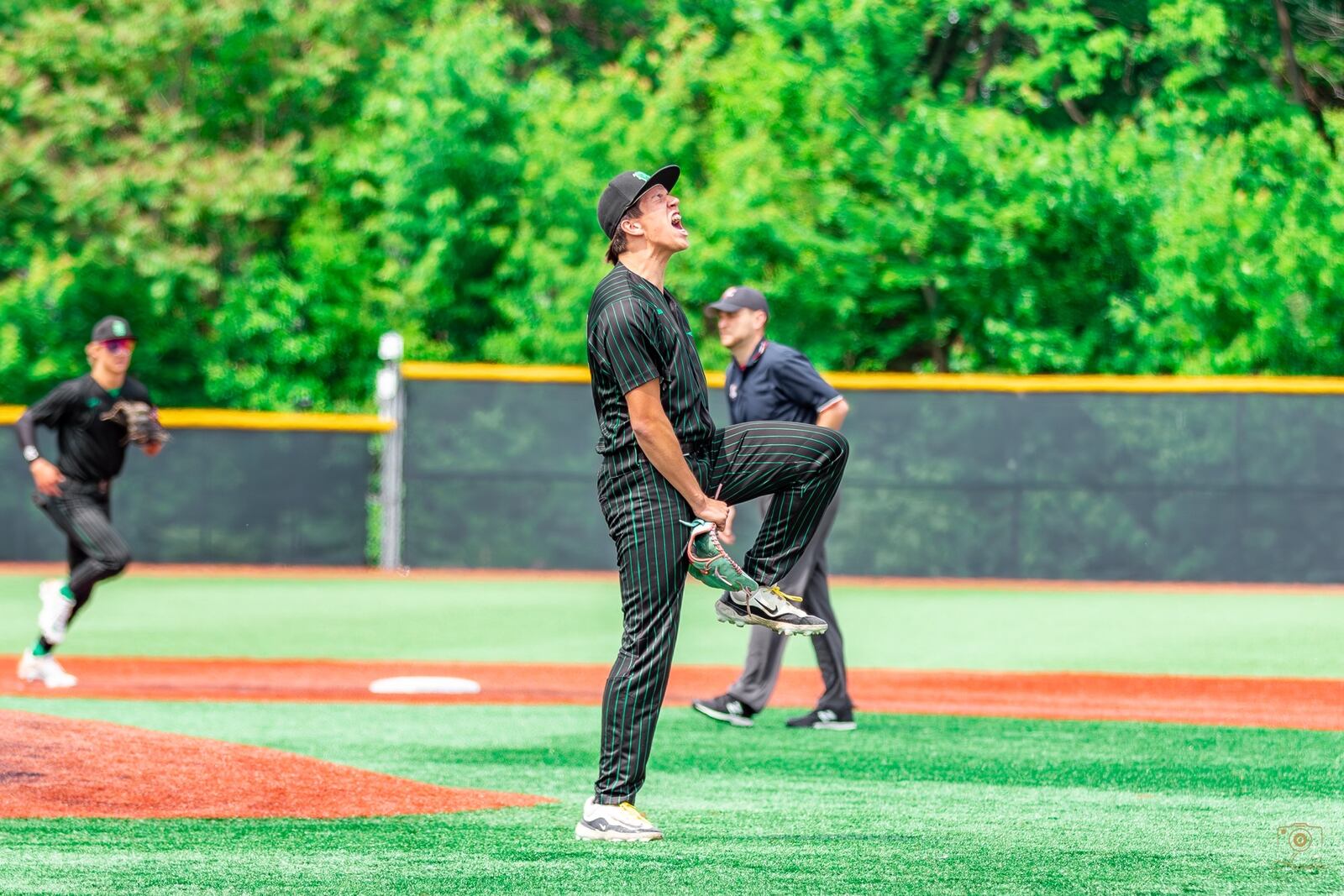 Badin pitcher Caleb Driessen celebrates during his Division III district final game against Kenton Ridge on Saturday at Athletes in Action. BRAIDEN HECKLER / CONTRIBUTED