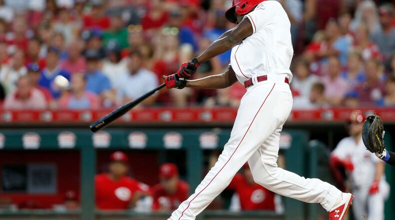 CINCINNATI, OH - AUGUST 10: Aristides Aquino #44 of the Cincinnati Reds hits a solo home run for his third home run of the game during the third inning against the Chicago Cubs at Great American Ball Park on August 10, 2019 in Cincinnati, Ohio. (Photo by Kirk Irwin/Getty Images)