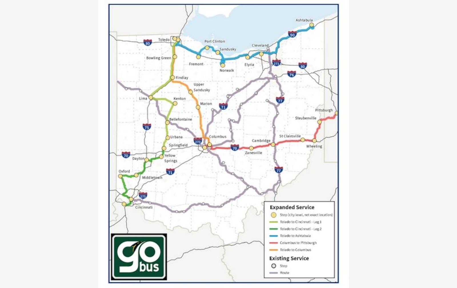 GoBus is launching new intercity bus service, including a route that goes from Toledo to Cincinnati. That route will include stops in Dayton, Yellow Springs, Springfield, Urbana, Middeltown and Oxford. CONTRIBUTED
