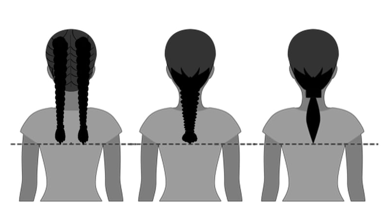 Beginning in February 2021, female Airmen will be able to wear their hair in up to two braids or a single ponytail with bulk not exceeding the width of the head and length not extending below a horizontal line running between the top of each sleeve inseam at the under arm through the shoulder blades. In addition, women’s bangs may now touch their eyebrows, but not cover their eyes. (U.S. Air Force graphic by Corey Parrish)