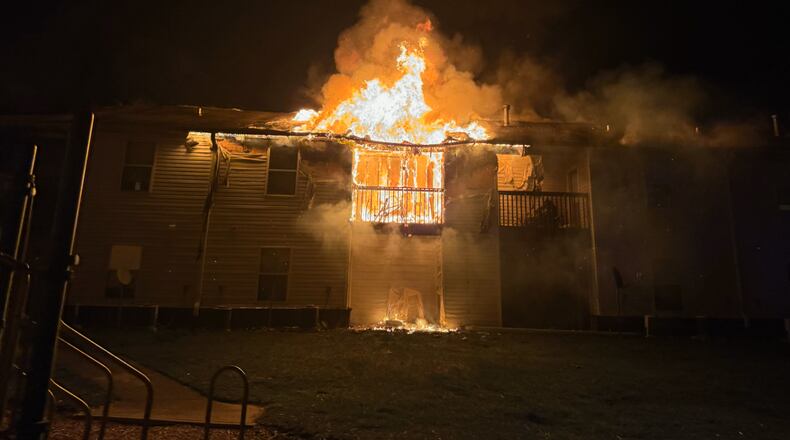 This is a photo of the Sunday night blaze at the Emerald Edge Apartments off East Second Street in Franklin. No injuries were reported but 22 people were displaced from their apartments, some with the clothes on their backs. CONTRIBUTED/CITY OF FRANKLIN DIVISION OF FIRE & EMS