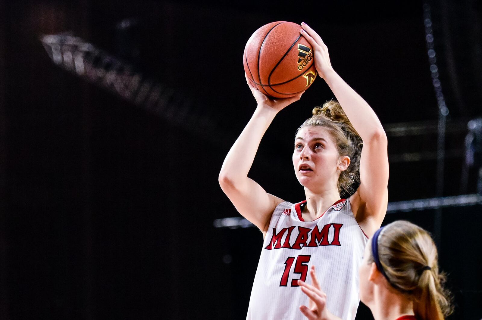Miami University’s Kayla Brown puts up a shot during Thursday night’s WNIT game against Duquesne at Millett Hall in Oxford. NICK GRAHAM/STAFF