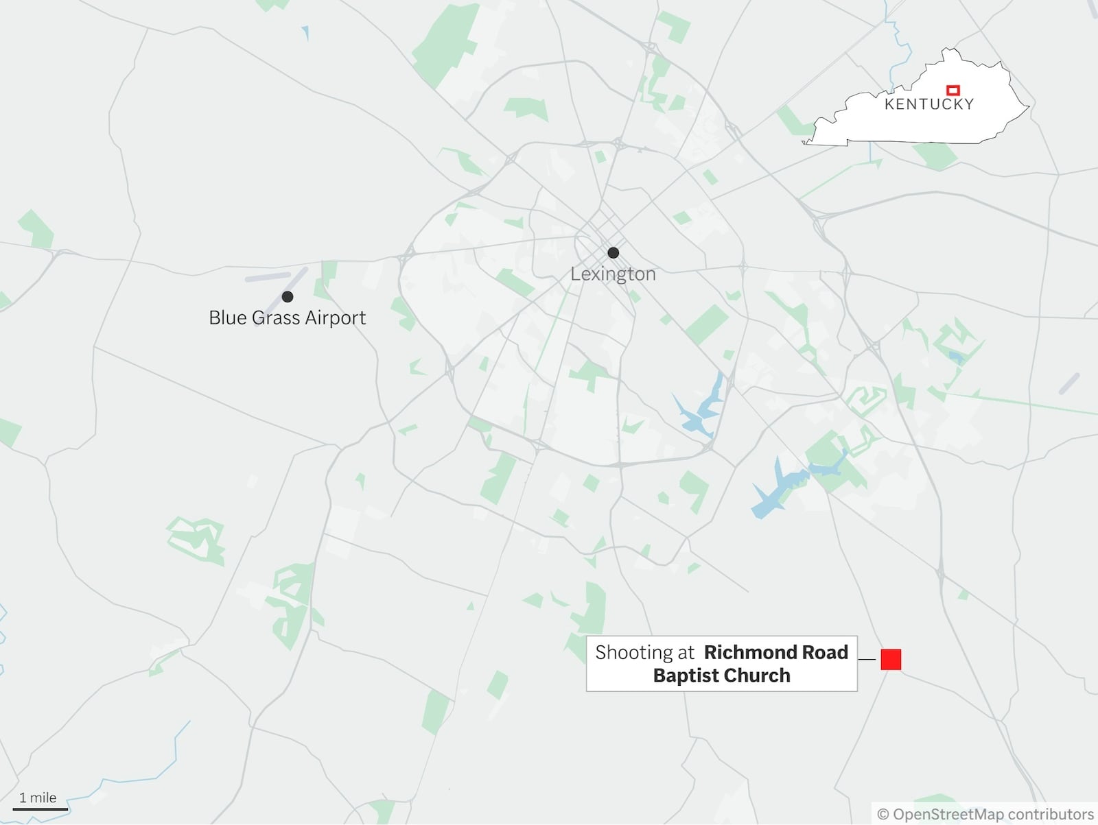 A map showing the location of the shooting of two women at a church in Kentucky. (AP Digital Embed)