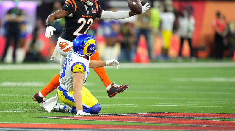 Cincinnati Bengals cornerback Chidobe Awuzie catches an interception during the 2022 Super Bowl halftime show in Inglewood, Calif. Feb. 13, 2022. (AJ Mast/The New York Times)