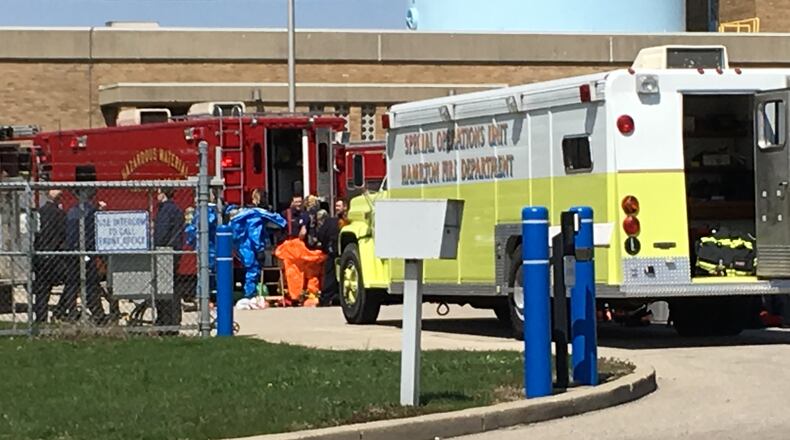 Hazmat crews from around Butler County assisted Middletown firefighters after a lime powder leak at the Middletown Water Treatment Plant on April 5. Two employees were injured and taken to Atrium Medical Center for treatment. ED RICHTER/STAFF
