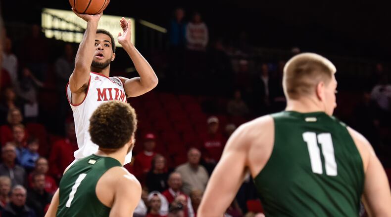 Miami’s Darrian Ringo puts up a shot during their game against Wright State Tuesday, Nov. 14 at Millett Hall on the Miami University Campus in Oxford. NICK GRAHAM/STAFF