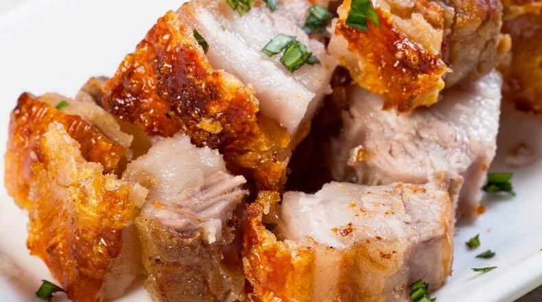 Amanda and Dr. Martin Vincente are launching their food truck trailer, HaolePino Hawaiian-Filipino Island Cuisine, at Airway Shopping Center Nov. 9, 2018. The Riverside couple has five children. Pictured: Lechon Kawali, a popular Filipino dish made with pork belly simmered until tender and then deep-fried until golden and crisp.