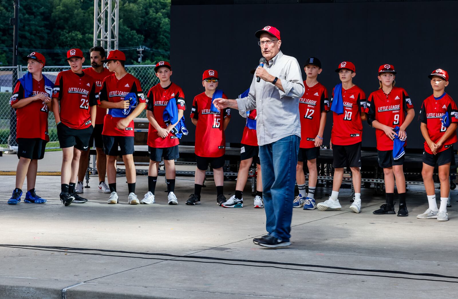 HAmilton Mayor Pat Moeller speaks to the Hamilton West Side Little League All-Star team that were honored for their performance in the Little League World Series with a parade and ceremony on the stage at RiversEdge Amphitheater Thursday, Sept. 2, 2021 in Hamilton. NICK GRAHAM / STAFF