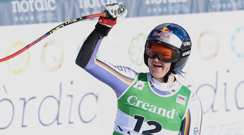 Germany's Emma Aicher reacts at the finish area during a women's World Cup super-G race, in Soldeu, Andorra, Saturday, Feb. 28, 2026. (AP Photo/Marco Trovati)