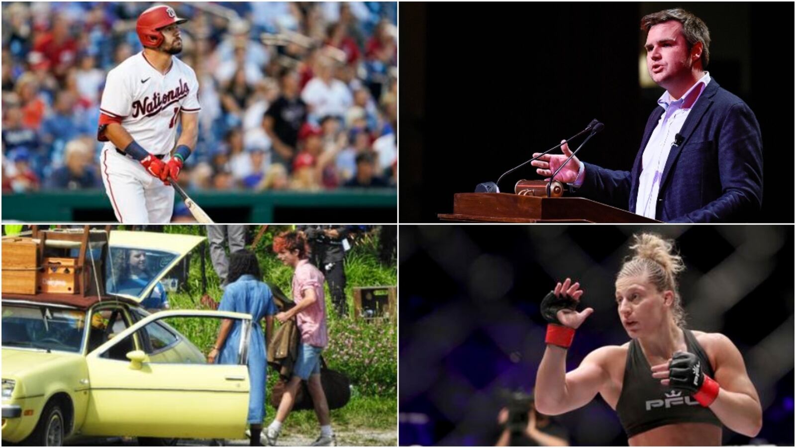 Clockwise from left: Kyle Schwarber, J.D. Vance, Kayla Harrison and filming of the movie “Bones and All” in Middletown.