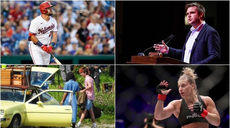 Clockwise from left: Kyle Schwarber, J.D. Vance, Kayla Harrison and filming of the movie “Bones and All” in Middletown.