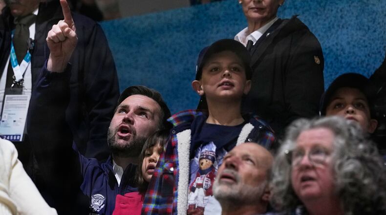 Vice President JD Vance visits a preliminary round match of women's ice hockey between United States and Czechia at the 2026 Winter Olympics, in Milan, Italy, Thursday, Feb. 5, 2026. (AP Photo/Petr David Josek)
