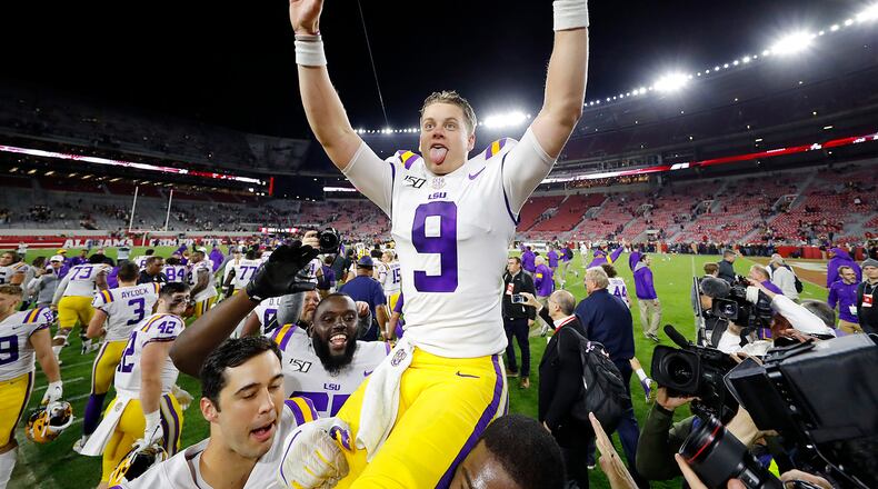Joe Burrow #9 of the LSU Tigers celebrates defeating the Alabama Crimson Tide 46-41 at Bryant-Denny Stadium on Nov. 9, 2019 in Tuscaloosa, Ala. (Kevin C. Cox/Getty Images/TNS)
