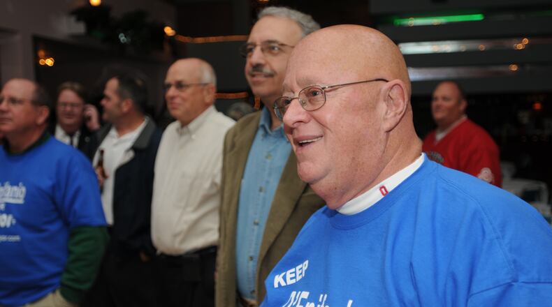Ron D'Epifanio, Fairfield's mayor seeking re-election, watches election results at Tori's Station in Fairfield as they are reported by the Butler County Board of Elections. He decisively won re-election. Staff file photo by Samantha Grier.