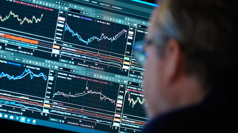 Financial information is displayed on the floor at the New York Stock Exchange in New York, Wednesday, March 4, 2026. (AP Photo/Seth Wenig)