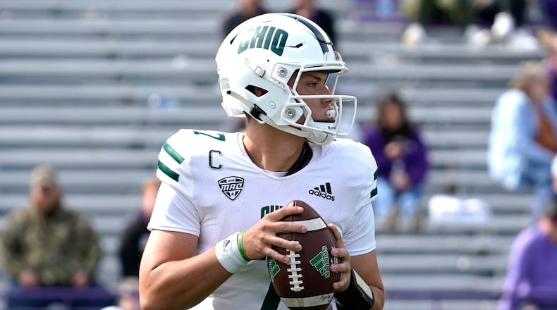 Ohio quarterback Kurtis Rourke looks to pass during the second half of an NCAA college football game against Northwestern in Evanston, Ill., Saturday, Sept. 25, 2021. Northwestern won 35-6. (AP Photo/Nam Y. Huh)