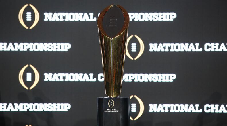 TAMPA, FL - JANUARY 8:   The National Championship Trophy sits on display to members of the media during the College Football Playoff National Championship Head Coaches Press Conference on January 8, 2017 at the Tampa Convention Center in Tampa, Florida. (Photo by Brian Blanco/Getty Images)