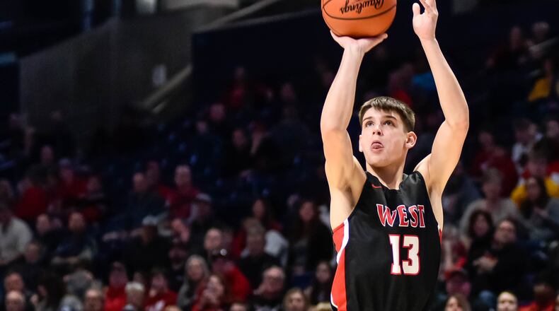 Lakota West's Nathan Dudukovich puts up shot during their game against Centerville. Centerville defeated Lakota West 48-40 in their Division I District basketball final Sunday, March 8, 2020 at Xavier University's Cintas Center. NICK GRAHAM / STAFF