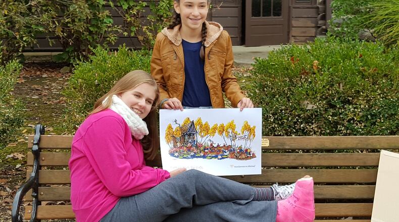 Mary Perkins (seated) chose her friend Nina Friedline to ride on the Rose Parade float with her. They hold a sketch of the tentative design for the float. CONTRIBUTED
