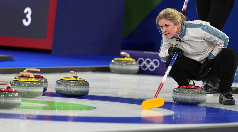 Norway's Kristin Skaslien in action, during the mixed doubles round robin phase of the curling competition against Britain, at the 2026 Winter Olympics, in Cortina d'Ampezzo, Italy, Wednesday, Feb. 4, 2026. (AP Photo/Fatima Shbair)