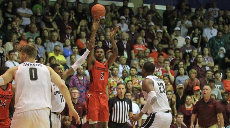 Virginia Tech's Landers Nolley II makes a 3-pointer in the final minute against Michigan State in the first round of the Maui Invitational on Monday, Nov. 25, 2019, at the Lahaina Civic Center.