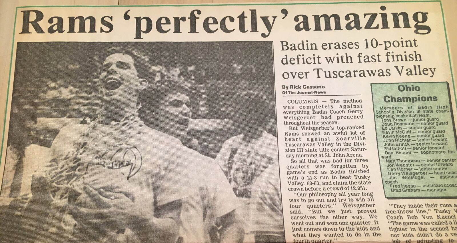 Badin’s John Brinck (left) and Ed Larkin celebrate March 26, 1988, after the Rams captured the Division III state championship with a 68-63 victory over Zoarville Tuscarawas Valley at St. John Arena in Columbus. COX MEDIA FILE PHOTO