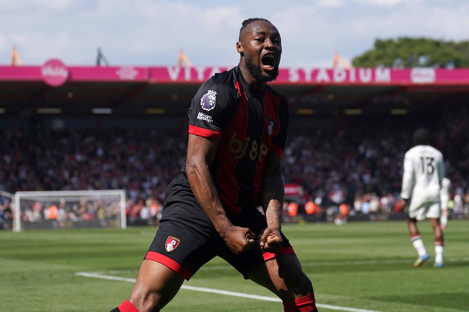 Bournemouth's Antoine Semenyo celebrates after scoring the opening goal during the English Premier League match at Vitality Stadium, Bournemouth, England, Sunday, April 27, 2025. (Adam Davy/PA via AP)
