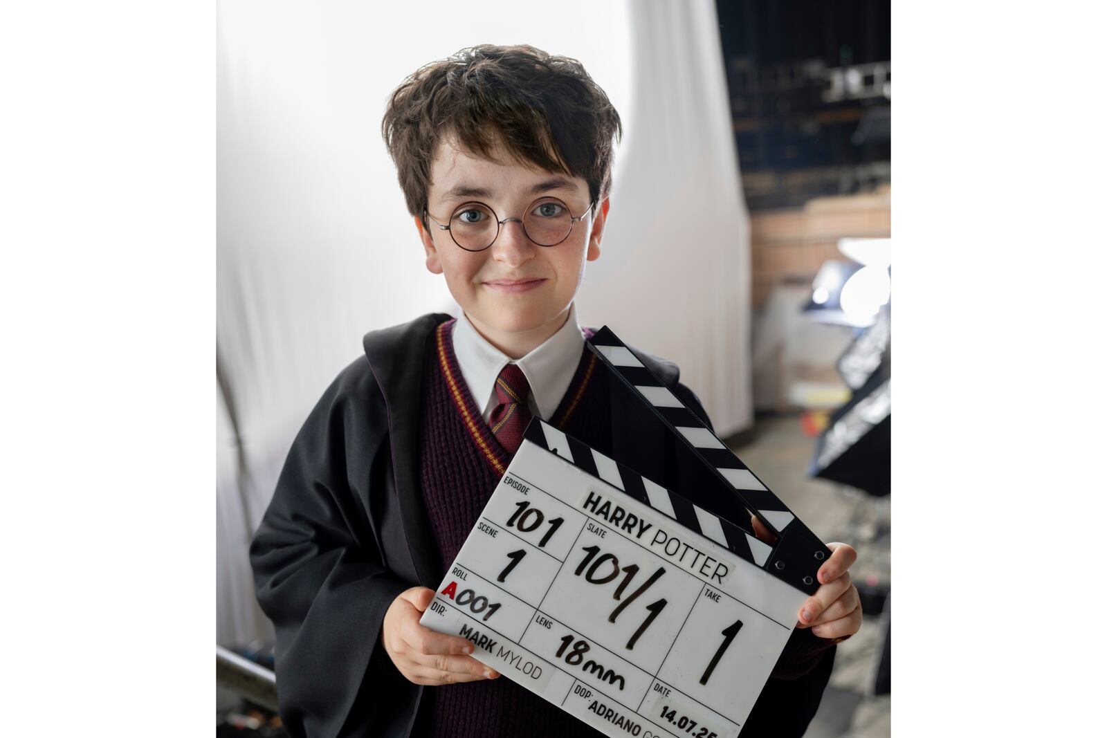 This image released by HBO shows Dominic McLaughlin, who will portray Harry Potter, on the set of HBO series "Harry Potter," scheduled for 2027. (Aidan Monaghan/HBO via AP)