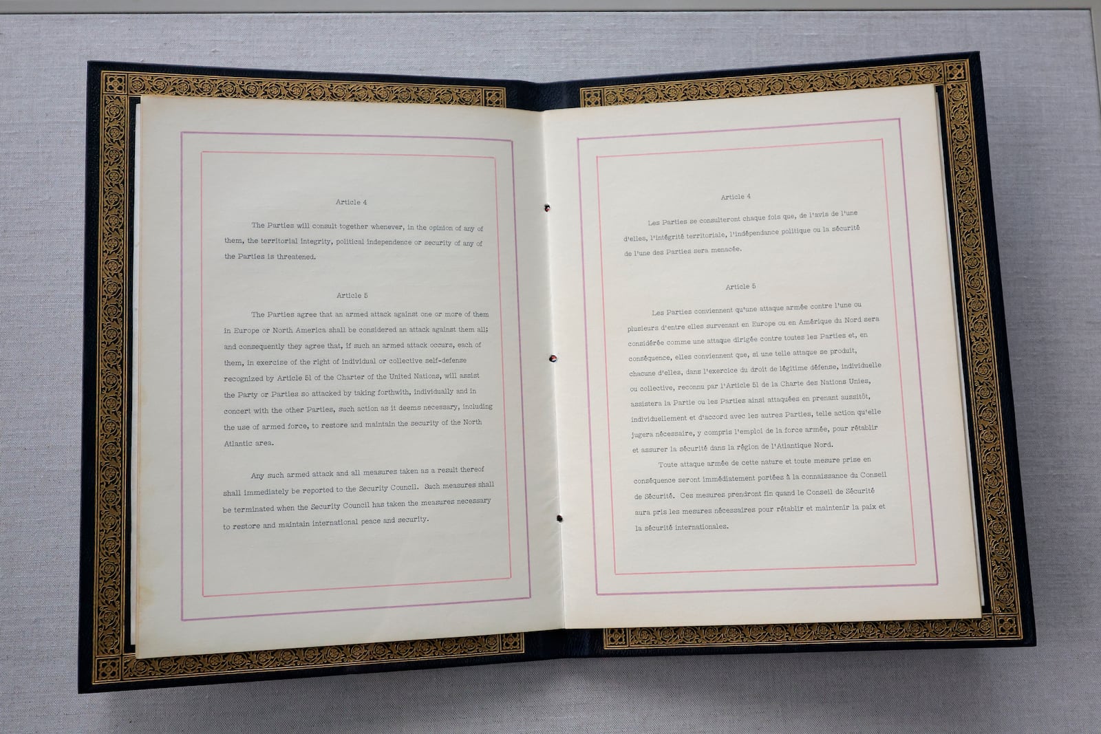 FILE - The Washington Treaty on display during a ceremony to mark the 75th anniversary of NATO at NATO headquarters in Brussels, Thursday, April 4, 2024. (AP Photo/Geert Vanden Wijngaert, File)