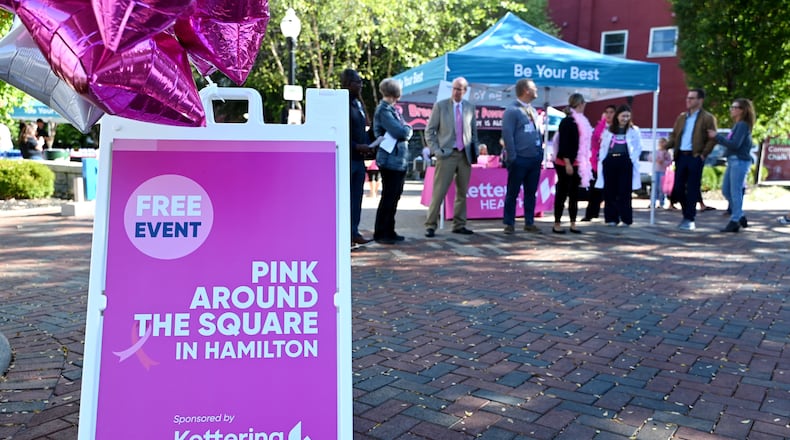 Kettering Health Hamilton hosted its annual Pink Around the Square in Hamilton event on Friday, Oct. 17, 2025, at Rotary Park in downtown. The annual awareness event provided free information and to tell women, and even men, the importance of breast cancer screenings, especially those with family histories. MICHAEL D. PITMAN/STAFF