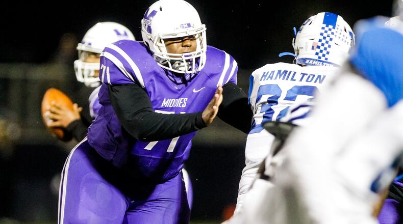 Hamilton Big Blue defeated Middletown Middlies 41-24 in their football game Friday, Oct. 18, 2019 at Barnitz Stadium in Middletown. NICK GRAHAM/STAFF