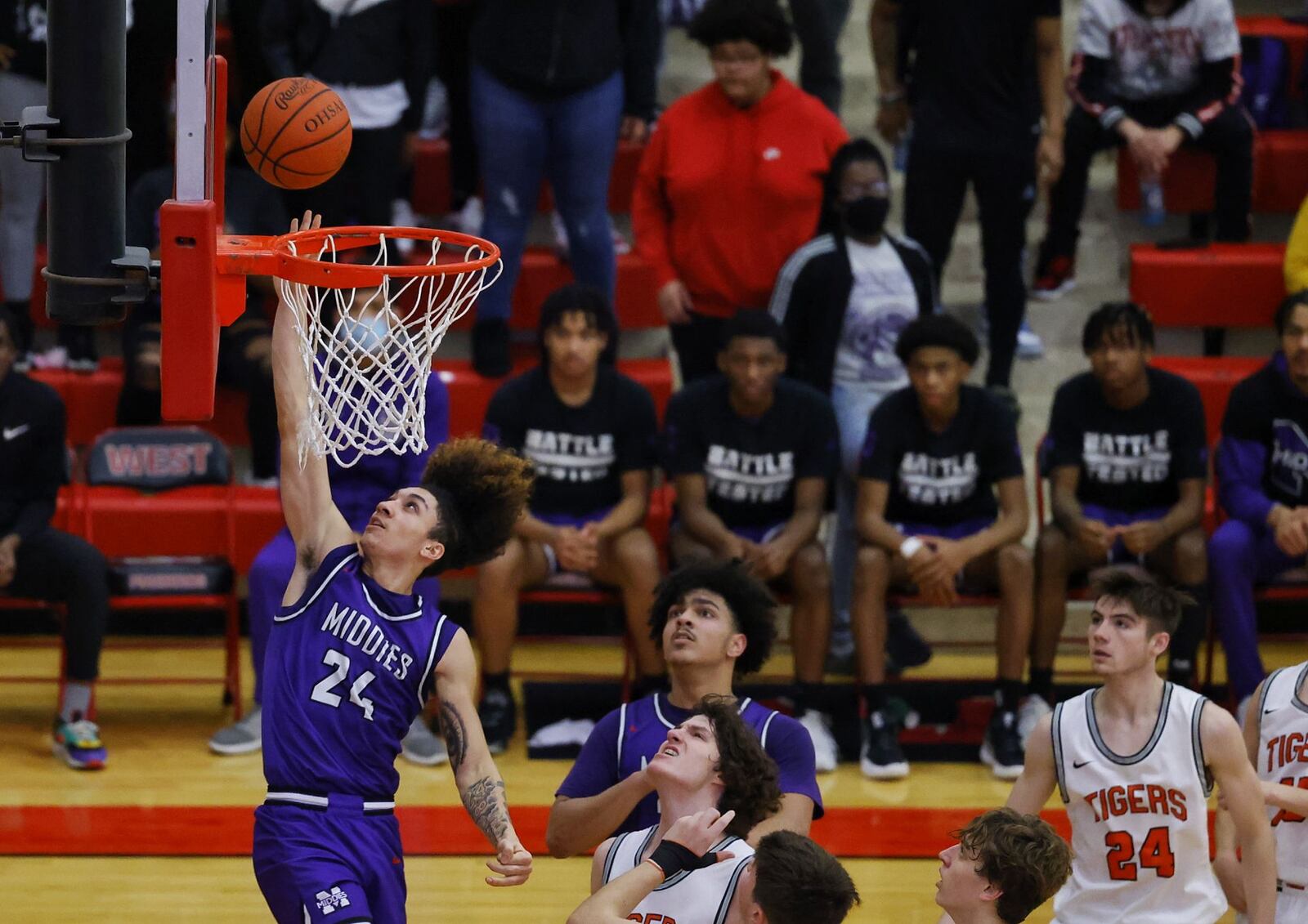 Middletown's Jayden Bennett goes to the hoop during their Division I District basketball tournament game against Loveland Tuesday, Feb. 22, 2022 at Lakota West High School in West Chester Township. Middletown won 59-50. NICK GRAHAM/STAFF