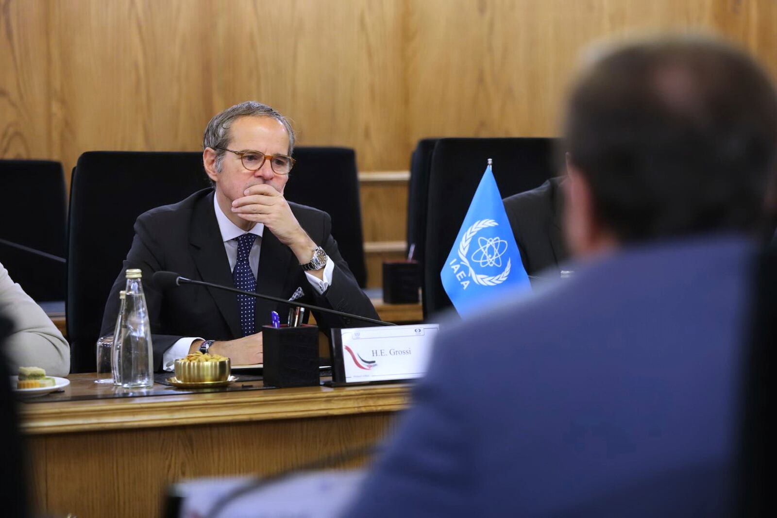 In this photo released by the Atomic Energy Organisation of Iran, International Atomic Energy Agency (IAEA) Director General, Rafael Mariano Grossi attends a meeting with the head of the Atomic Energy Organization of Iran Mohammad Eslami, in Tehran, Iran, Thursday, April 17, 2025. (Atomic Energy Organisation of Iran via AP)