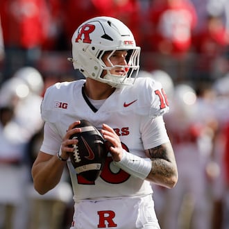 Rutgers quarterback Athan Kaliakmanis looks for an open receiver against Ohio State during the first half of an NCAA college football game, Saturday, Nov. 22, 2025, in Columbus, Ohio. (AP Photo/Jay LaPrete)