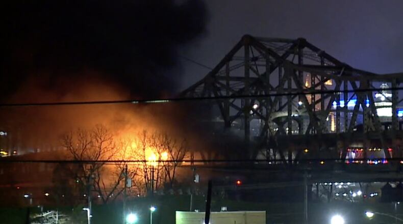 The Brent Spence Bridge after two semis crashed on it, causing a fire. Contributed by Adam Schrand / WCPO_TV