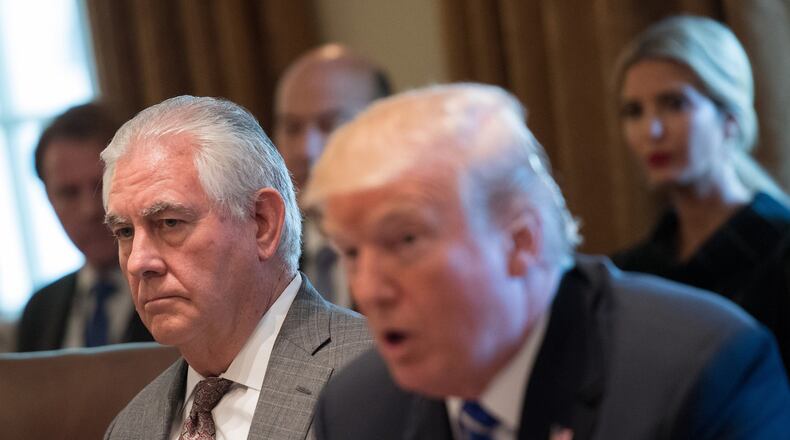 Secretary of State Rex Tillerson listens as President Donald Trump speaks to the media during a cabinet meeting at the White House on Monday, Nov. 20, 2017 in Washington, D.C. President Trump officially designated North Korea as a state sponsor of terrorism. (Kevin Dietsch/Pool/Sipa USA/TNS)