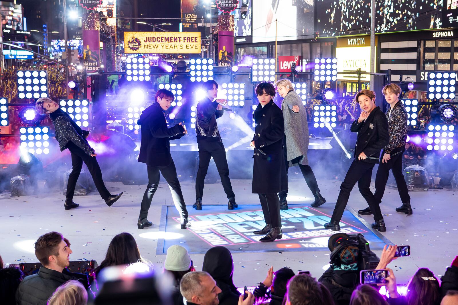 FILE - Members of BTS perform at the Times Square New Year's Eve celebration in New York on Dec. 31, 2019. (Photo by Ben Hider/Invision/AP, File)