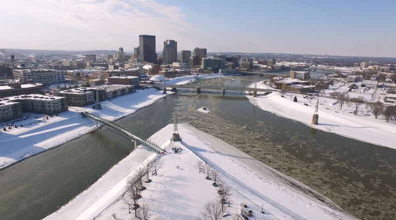 The city of Dayton is demanding the Air Force act more urgently to prevent the potential of groundwater contamination from the base to the city’s Huffman Dam well field along the Mad River. In this photo, ice flows down the Great Miami River, right at the confluence with the Mad River at Deeds Point. TY GREENLEES/STAFF