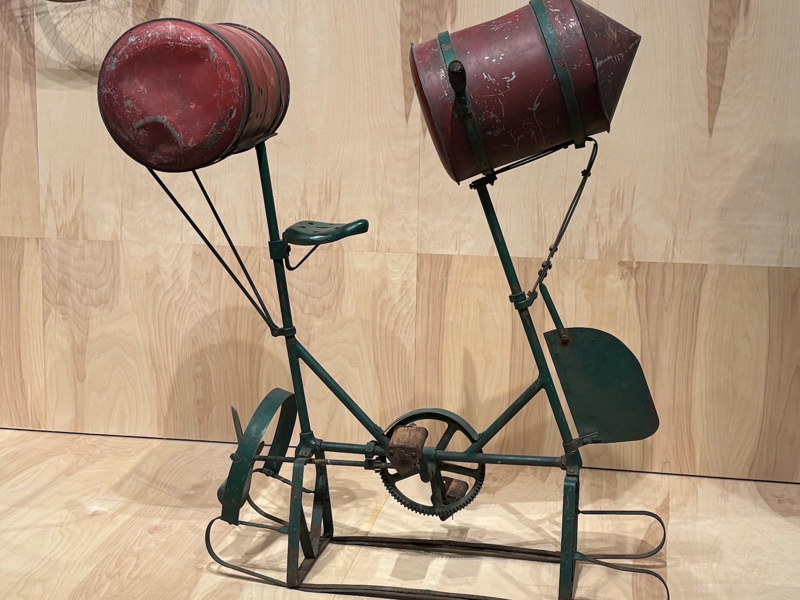 Riders of this rare machine could move through water, pedaling while partially submerged. The two drums are meant to function like buoys. CONTRIBUTED