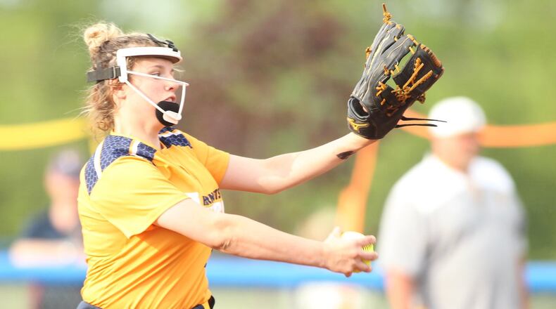 Monroe’s Alyssa Wagner pitches against Springfield Kenton Ridge in a Division II district softball final on May 20, 2018, at Brookville. Kenton Ridge won 6-2. DAVID JABLONSKI/STAFF