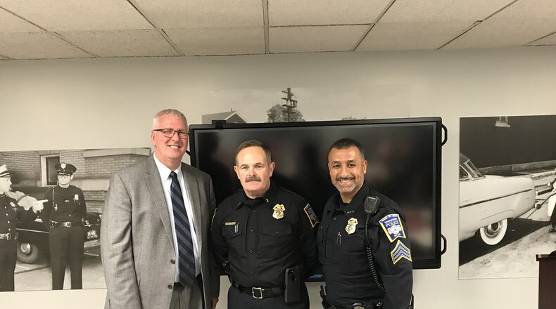 Middletown police Chief Rodney Muterspaw, left, with newly promoted Lt. Andy Warrick, center, and Sgt. Raqib Ahmed, right. Warrick and Ahmed were promoted effective Nov. 2. CONTRIBUTED/CITY OF MIDDLETOWN