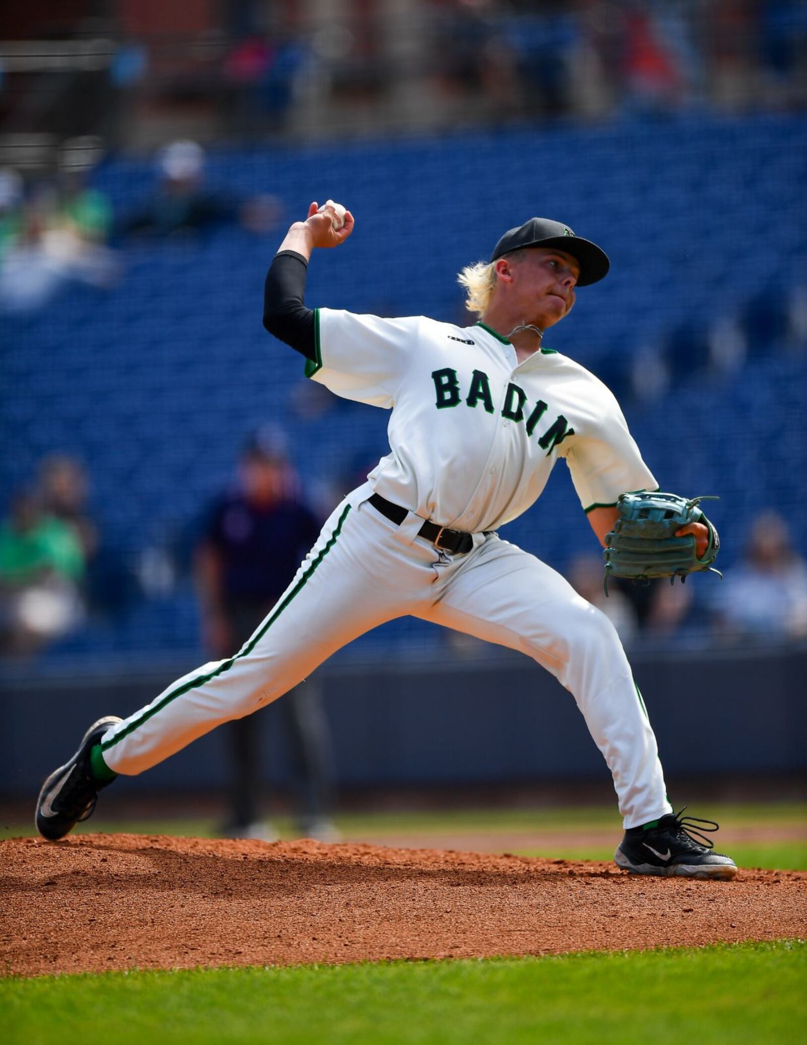 Badin's Beau Chaney sends a pitch to the plate against West Branch in the Division II state final on Sunday at Akron's Canal Park. Kyle Hendrix/CONTRIBUTED