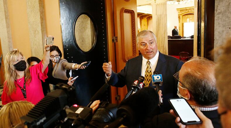FILE — This Sept. 1, 2020 file photo shows former Ohio House Speaker Larry Householder talking to the media outside of the House of Representatives in the Ohio Statehouse, in Columbus, Ohio. (Fred Squillante/The Columbus Dispatch via AP)