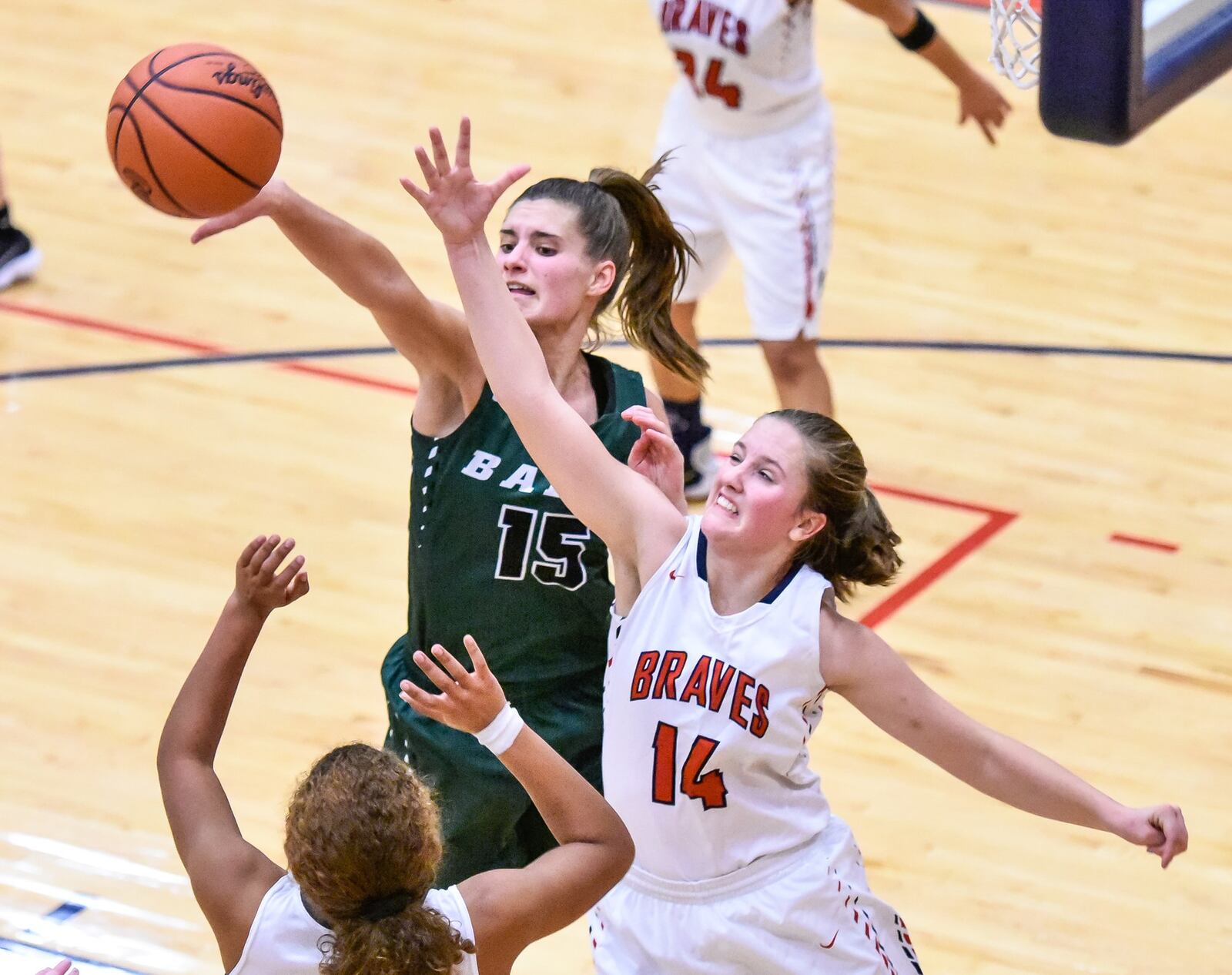 Talawanda’s Addie Brown tries to deflect a pass by Badin’s Grace Larkin during their game Nov. 29, 2017, at Talawanda. NICK GRAHAM/STAFF