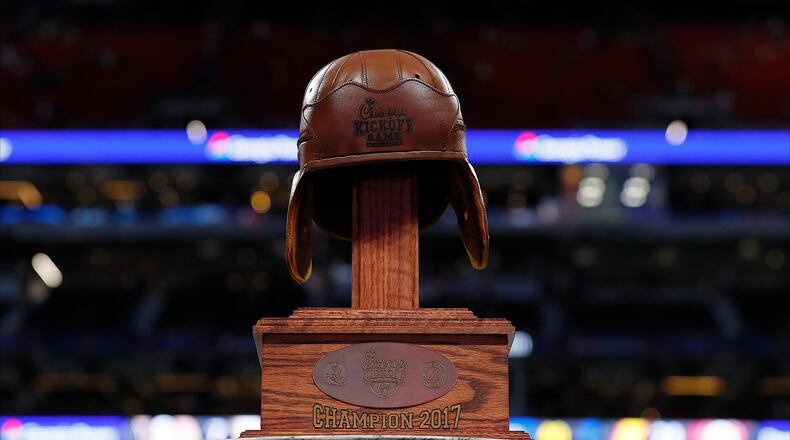 ATLANTA, GA - SEPTEMBER 02:  A view of the Chick-fil-A Kick-Off Game trophy after the Alabama Crimson Tide defeated the Florida State Seminoles 24-7 in their game at Mercedes-Benz Stadium on September 2, 2017 in Atlanta, Georgia.  (Photo by Kevin C. Cox/Getty Images)