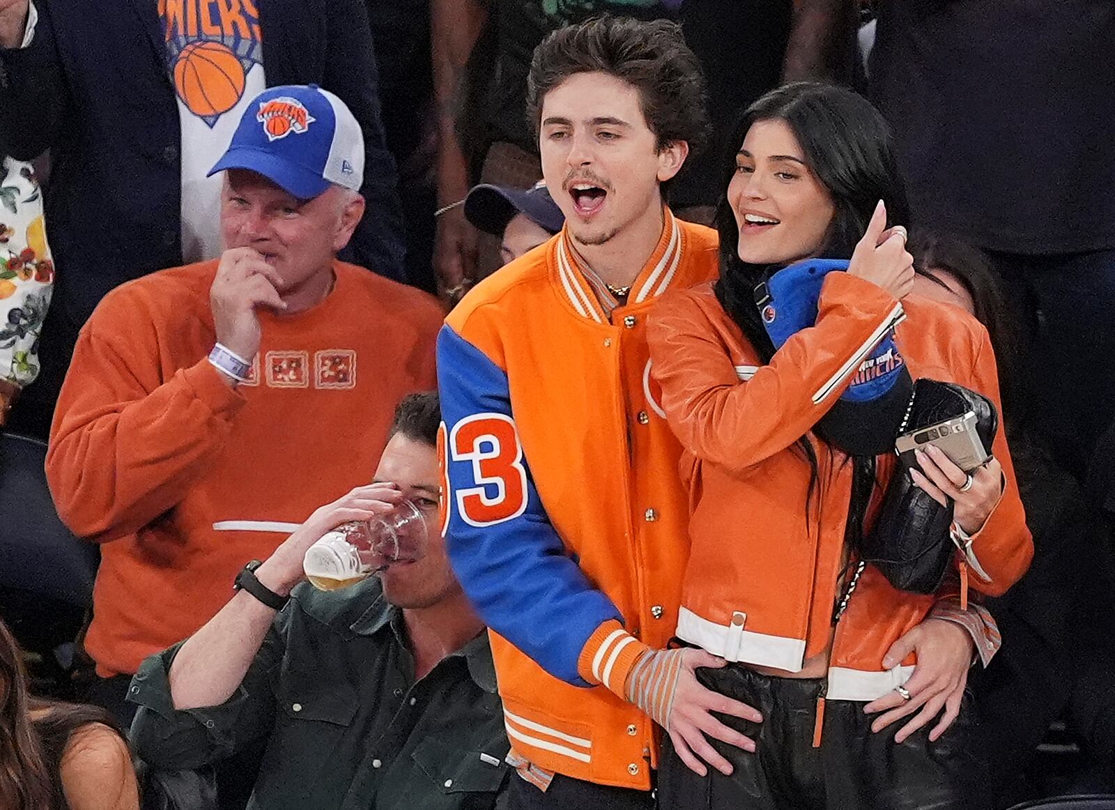Timothee Chalamet, left, and Kylie Jenner watch play between the New York Knicks and the Indiana Pacers during the fourth quarter of Game 5 of the NBA basketball Eastern Conference finals, Thursday, May 29, 2025, in New York. (AP Photo/Frank Franklin II)