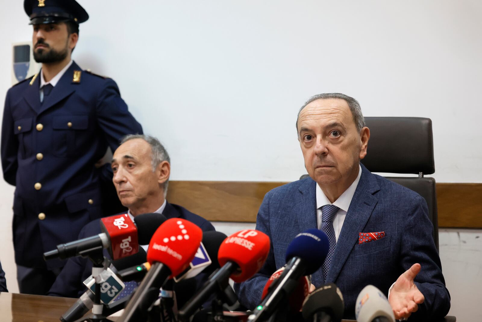 Prosecutor Francesco Lo Voi speaks during a news conference in Rome, on Friday, June 13, 2025, about about the case of a baby girl and mother found dead in Rome's Villa Pamphili park. (Cecilia Fabiano/LaPresse via AP)