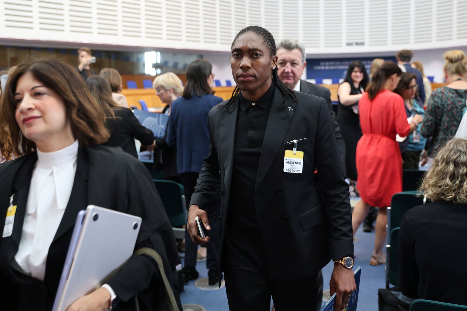 South Africa's Caster Semenya leaves in the European Court of Human Rights Thursday, July 10, 2025 in Strasbourg, eastern France. (AP Photo/Antonin Utz)